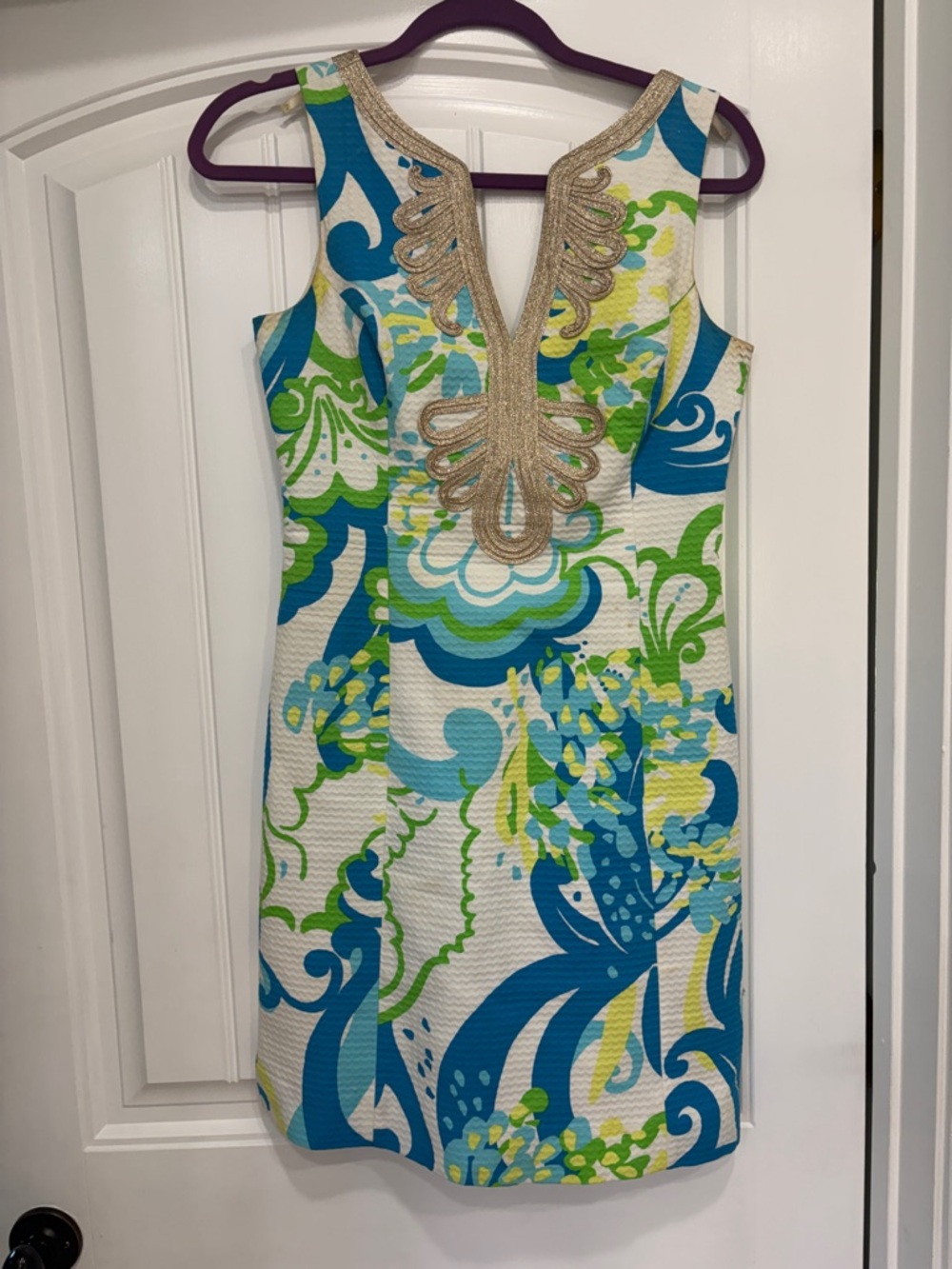 Sleeveless Floral-Print Sheath Dress with Gold Embellished V-Neck